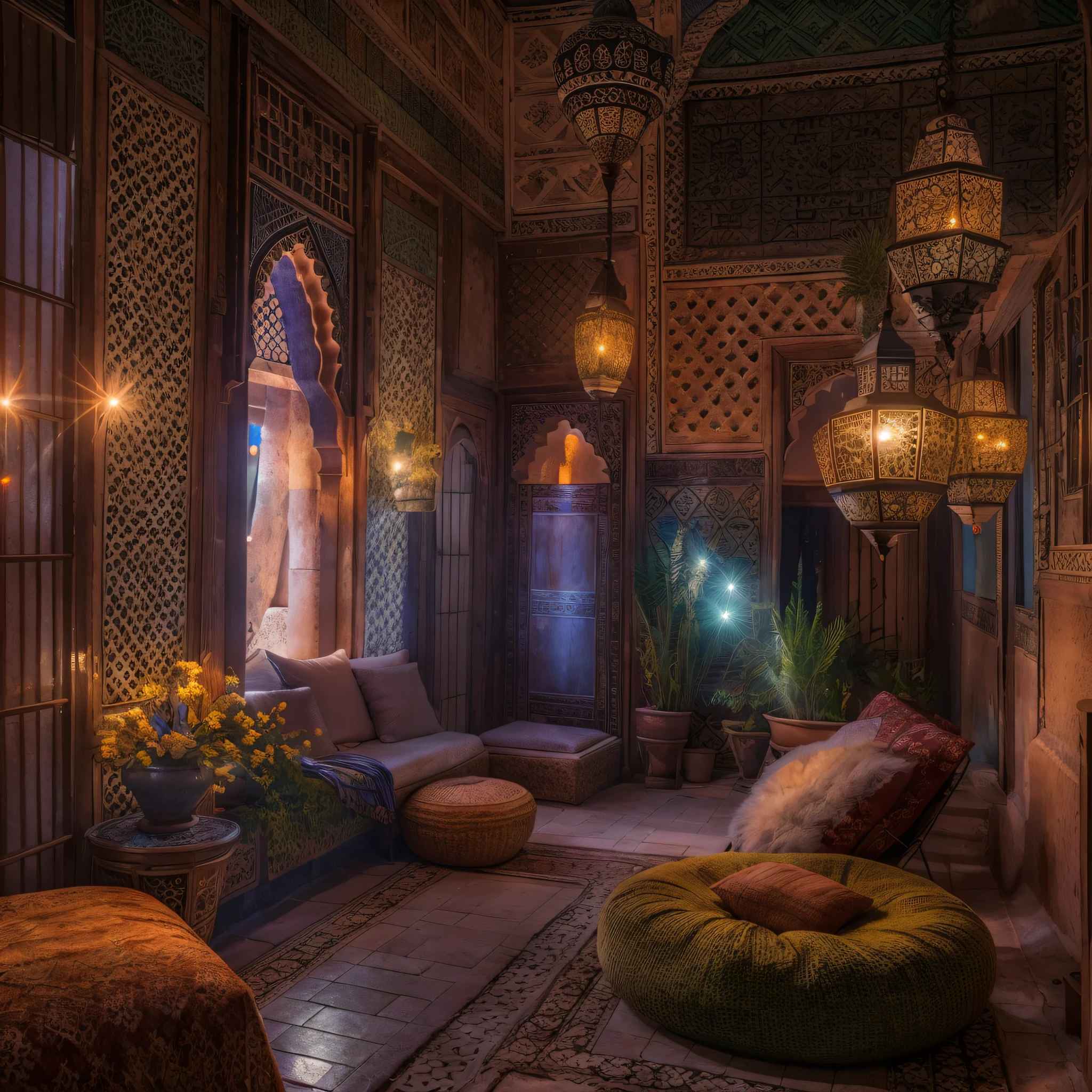 Moroccan salon, Amazigh pillows, riad fountain, masterpiece, best quality, ultra high res, RAW, ((Riad)), Marrakech, Marrakesh, Moroccan lamps, (Photoluminescence), blooming flowers, clear, Cinematic RAW photo, hyper real photo, ultrarealistic, 8k uhd, dslr, soft lighting, high quality, film grain, Fujifilm XT3, photographed on a Kodak Retina II Sanyo Xacti VPC-CA6, 50mm lens, Wide Angle, HDR, hyper-realistic, colorgraded, volumetric lighting, [volumetric fog, moist], shallow depth of field, reflections, photo, (sparkling), glistening, (iridescent), glimmering, shimmering, mystical, enchanting, glittering, Morocco, exotic, (masterpiece) (best quality) (detailed) (8k) (HDR) (wallpaper) (cinematic lighting) (sharp focus) (intricate), romantic