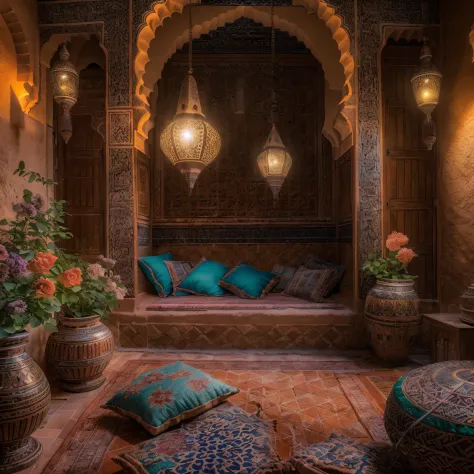 Moroccan salon, Amazigh pillows, riad fountain, masterpiece, best quality, ultra high res, RAW, ((Riad)), Marrakech, Marrakesh, ...