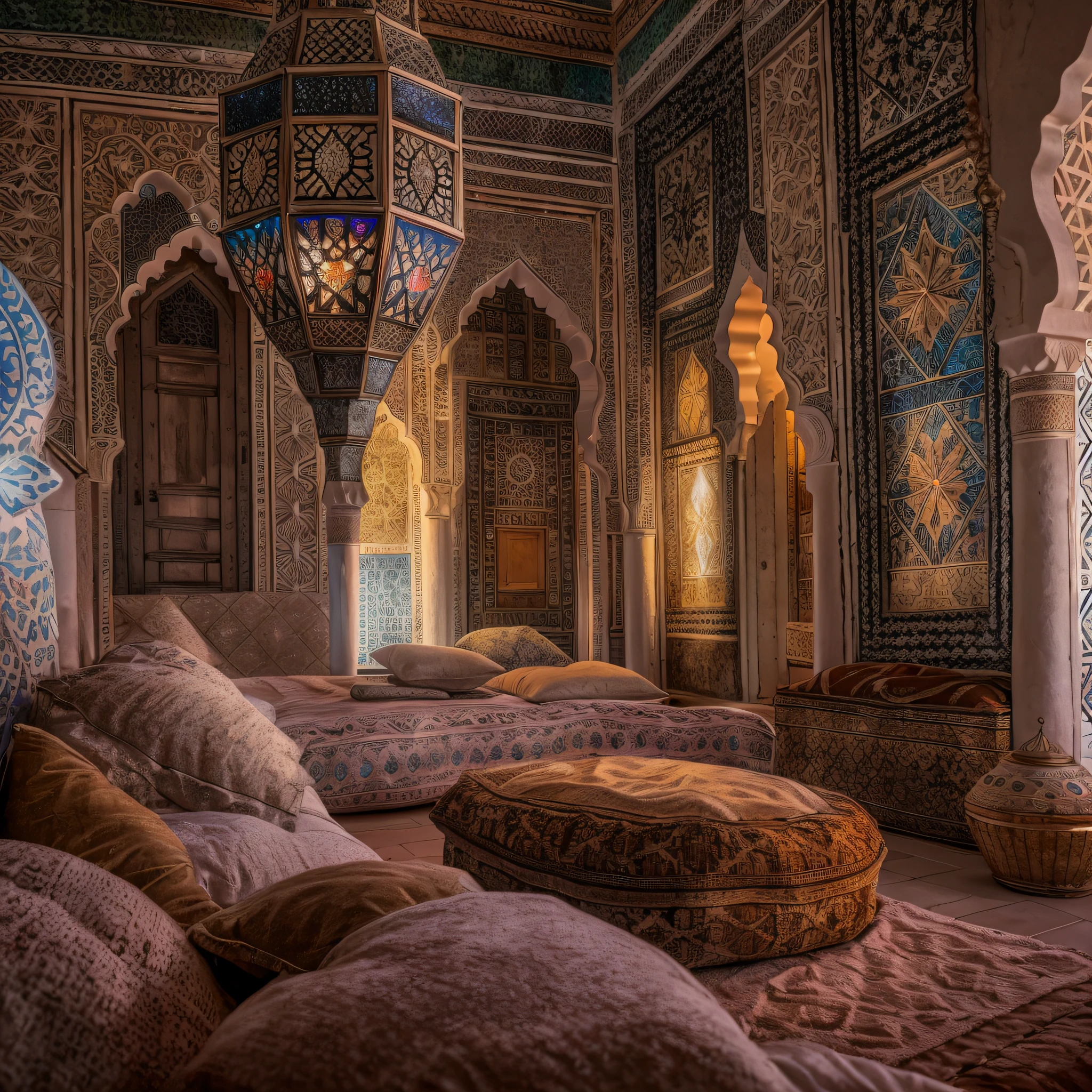 Moroccan salon, Amazigh pillows, chandelier, masterpiece, best quality, ultra high res, RAW, ((Riad)), Marrakech, Marrakesh, Moroccan lamps, (Photoluminescence), blooming flowers, clear, Cinematic RAW photo, hyper real photo, ultrarealistic, 8k uhd, dslr, soft lighting, high quality, film grain, Fujifilm XT3, photographed on a Kodak Retina II Sanyo Xacti VPC-CA6, 50mm lens, Wide Angle, HDR, hyper-realistic, colorgraded, volumetric lighting, [volumetric fog, moist], shallow depth of field, reflections, photo, (sparkling), glistening, (iridescent), glimmering, shimmering, mystical, enchanting, glittering, Morocco, exotic, (masterpiece) (best quality) (detailed) (8k) (HDR) (wallpaper) (cinematic lighting) (sharp focus) (intricate), romantic