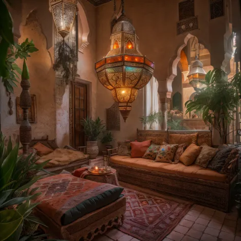 Moroccan salon, Amazigh pillows, chandelier, masterpiece, best quality, ultra high res, RAW, ((Riad)), Marrakech, Marrakesh, Mor...