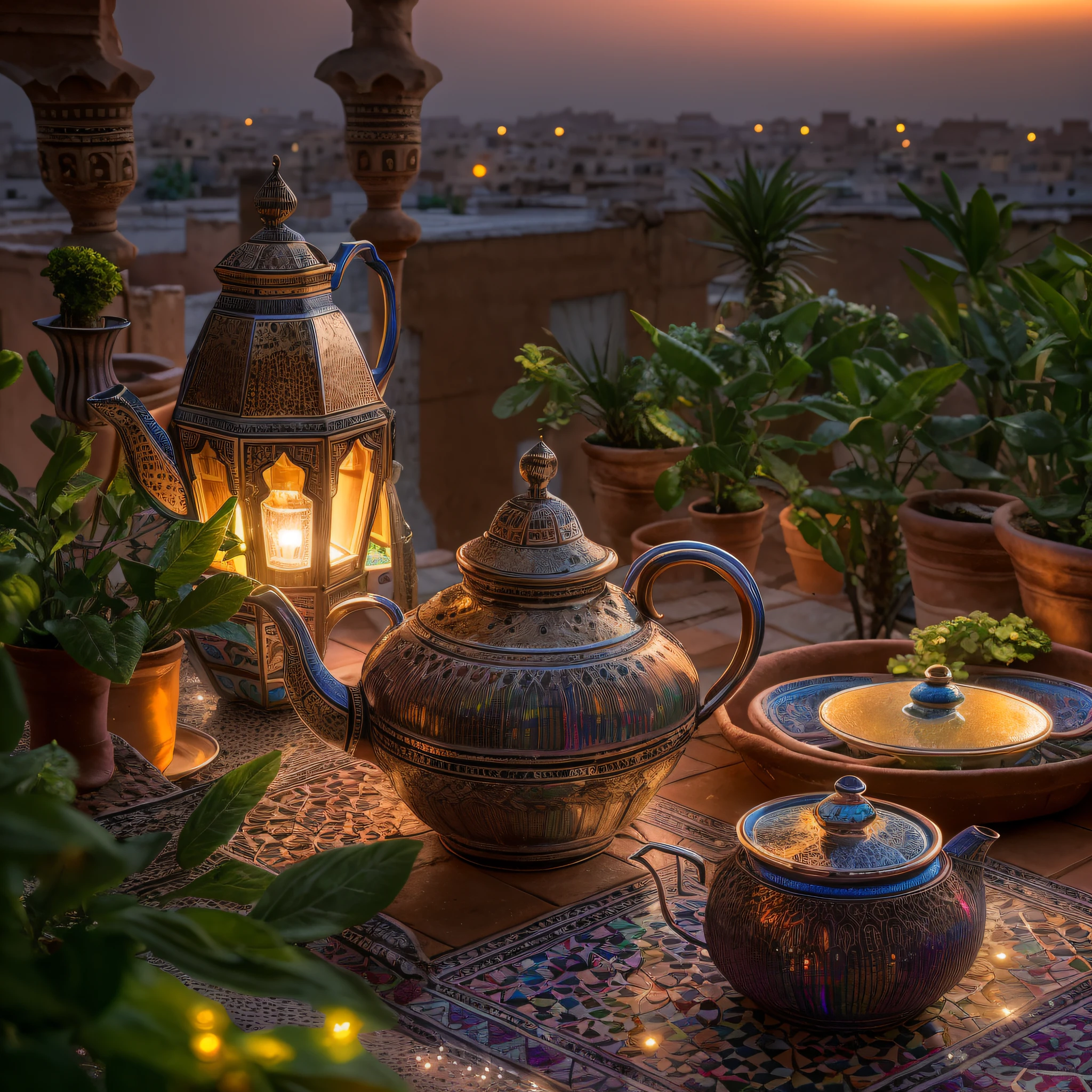 Moroccan meal, tagine clay pot, silver teapot, mint leaves, sugar, sunset view, steam, masterpiece, best quality, ultra high res, RAW, ((Riad)), ((riad rooftop)), Marrakech, Marrakesh, medina, Moroccan lamps, (Photoluminescence), blooming flowers, clear, Cinematic RAW photo, hyper real photo, ultrarealistic, 8k uhd, dslr, soft lighting, high quality, film grain, Fujifilm XT3, photographed on a Kodak Retina II Sanyo Xacti VPC-CA6, 50mm lens, Wide Angle, HDR, hyper-realistic, colorgraded, volumetric lighting, [volumetric fog, moist], shallow depth of field, reflections, photo, (sparkling), glistening, (iridescent), glimmering, shimmering, mystical, enchanting, glittering, Morocco, exotic, (masterpiece) (best quality) (detailed) (8k) (HDR) (wallpaper) (cinematic lighting) (sharp focus) (intricate), romantic, tourists