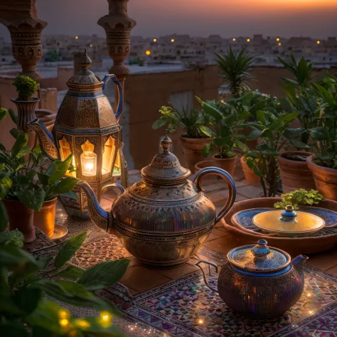 Moroccan meal, tagine clay pot, silver teapot, mint leaves, sugar, sunset view, steam, masterpiece, best quality, ultra high res...