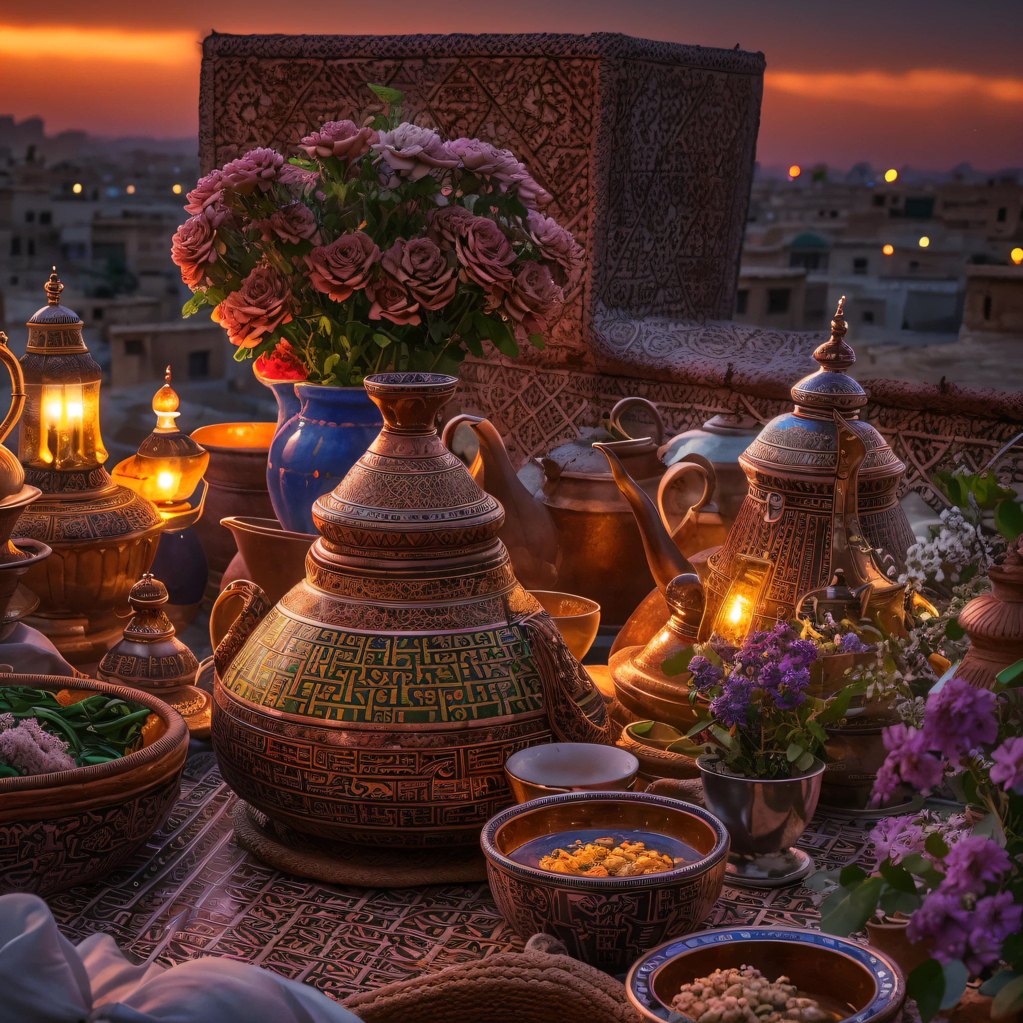 Moroccan tagine meal, Moroccans in traditional dress pouring tea, sunset, steam, masterpiece, best quality, ultra high res, RAW, ((Riad)), ((riad rooftop)), Marrakech, Marrakesh, moroccan lamps, (Photoluminescence), ((blooming flowers)), clear, Cinematic RAW photo, hyper real photo, ultrarealistic, 8k uhd, dslr, soft lighting, high quality, film grain, Fujifilm XT3, photographed on a Kodak Retina II Sanyo Xacti VPC-CA6, 50mm lens, Wide Angle, HDR, hyper-realistic, colorgraded, volumetric lighting, [volumetric fog, moist], shallow depth of field, reflections, photo, (sparkling), glistening, (iridescent), glimmering, shimmering, mystical, enchanting, glittering, Morocco, exotic, (masterpiece) (best quality) (detailed) (8k) (HDR) (wallpaper) (cinematic lighting) (sharp focus) (intricate), romantic