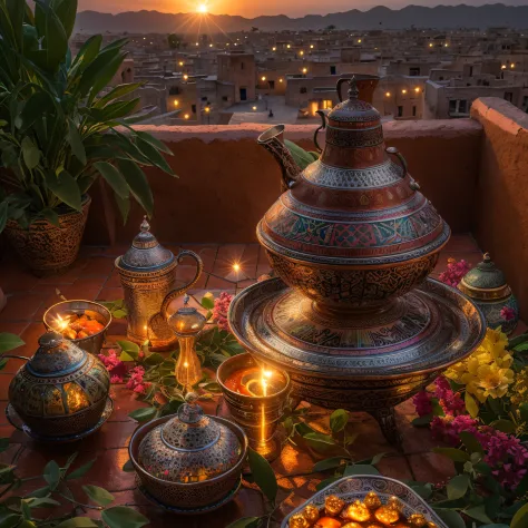 Moroccan tagine meal, Moroccans in traditional dress pouring tea, sunset, steam, masterpiece, best quality, ultra high res, RAW,...
