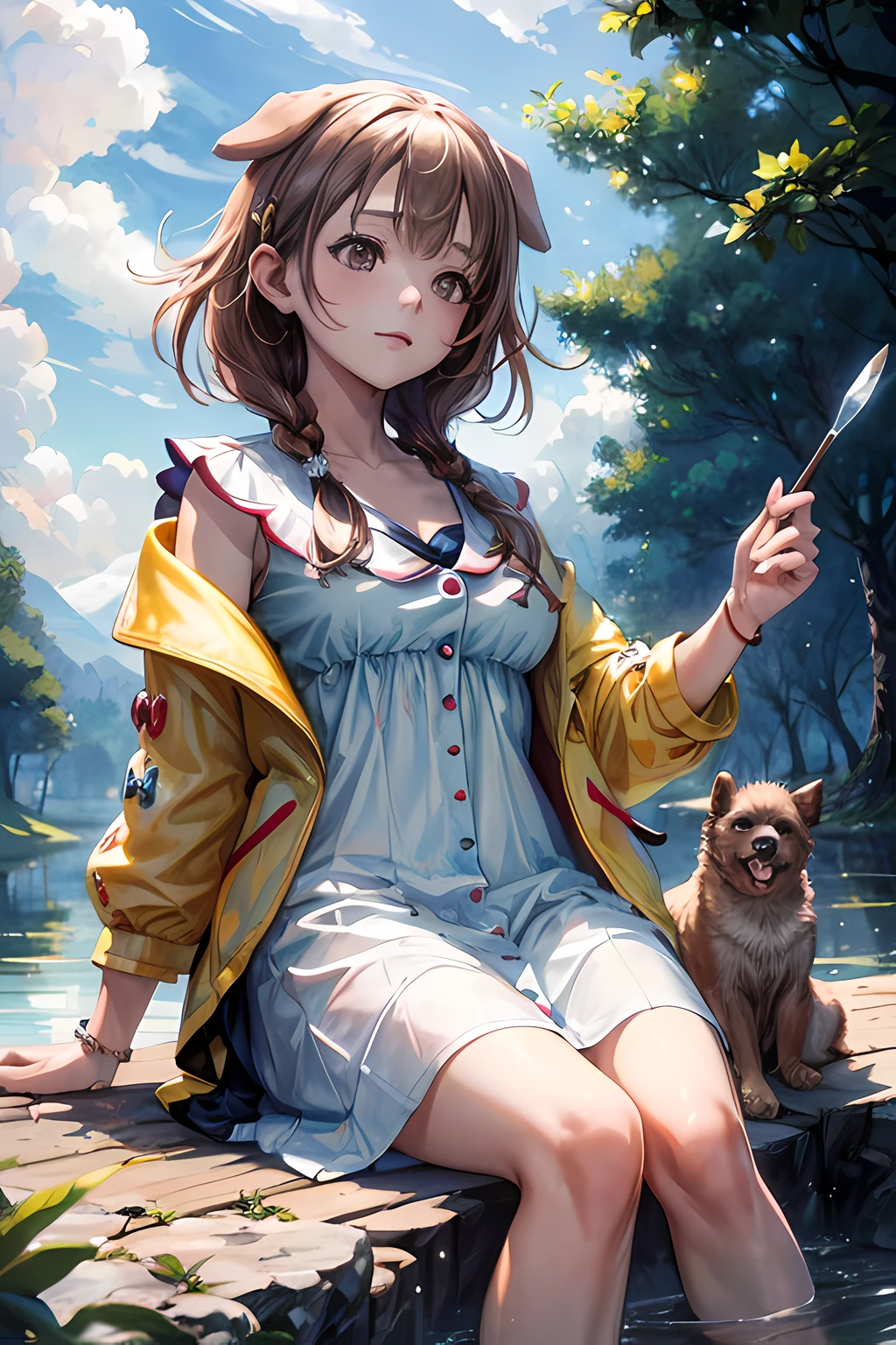 ((masterpiece)),(best quality,best illustration,top quality,8k,gorgeous,majestic),professional light,cinematic light,waterpaint,illustration,paint,1girl,cute girl looking,yellow jacket,white dress,brown hair,dog hair pin,medium boobs,park,sunny,high sharpness,high res