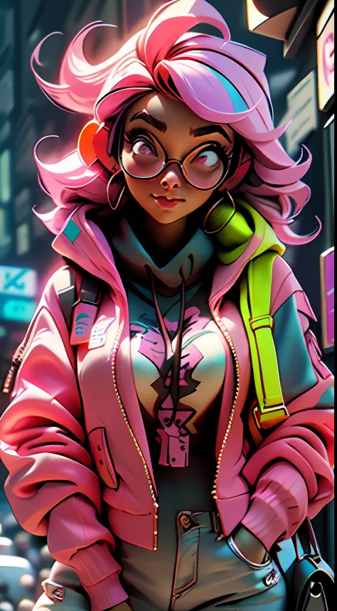 ((best quality)), ((masterpiece)), ((realistic)) and ultra-detailed photography of a 1nerdy girl with neon headphones. she has (...