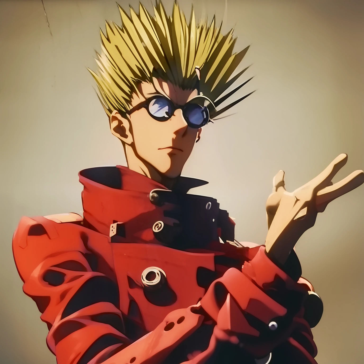 Atemberaubender, zusammenhängender Anime-Screenshot von Vash the Stampede aus dem Anime Trigun!, runde Brille, für ein Foto posieren, Ein Zeichen des Friedens setzen!, glückliches Gesicht, Wüstenhintergrund!, Spitzer Winkel, Heroische Bilder, dynamische Szene; gute Qualität, Hohe Auflösung, sehr detailliert, Meisterwerk, HD, 8K