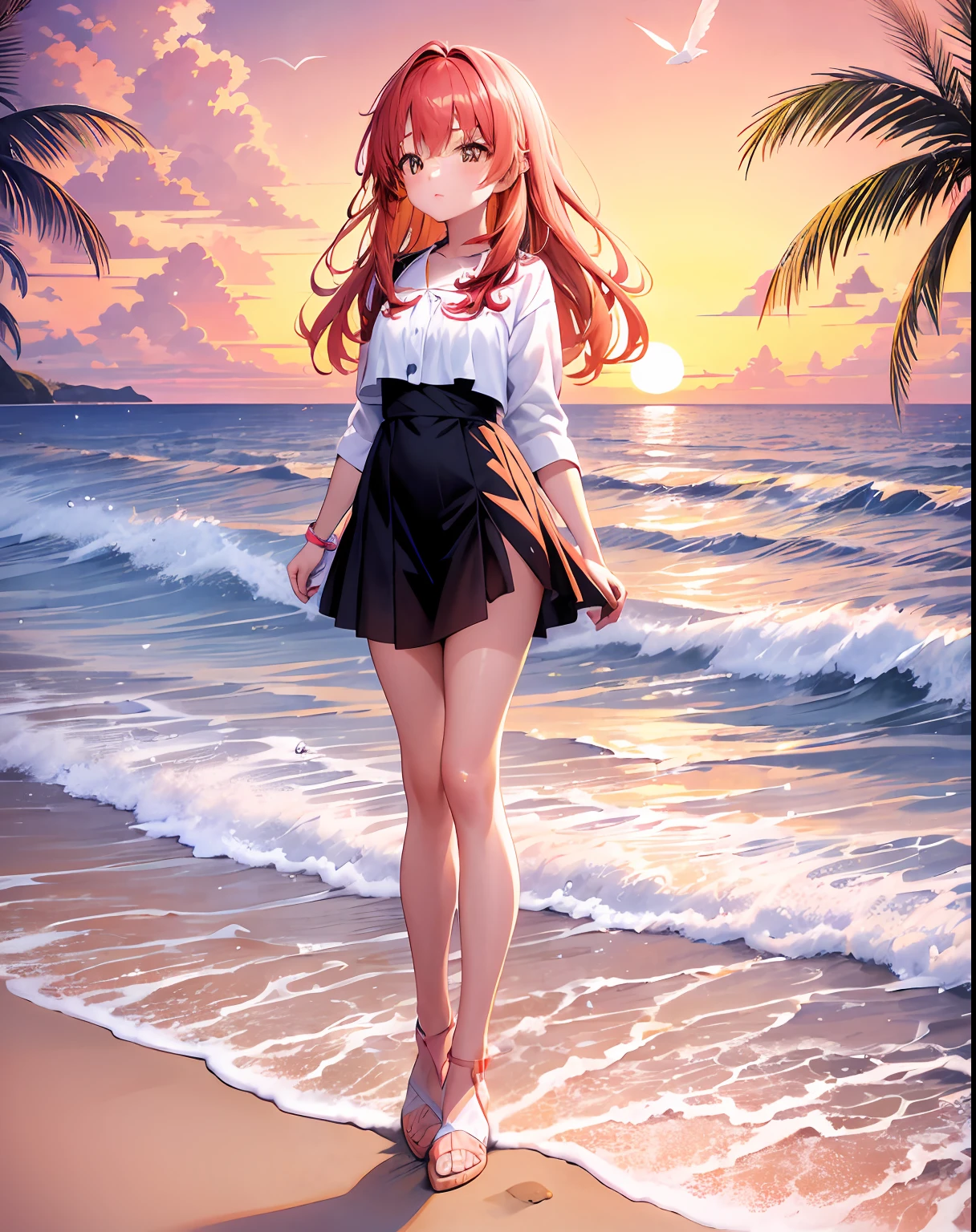 An absolutely mesmerizing sunset on the beach, with a mix of orange, pink, and yellow in the sky. The water is crystal clear, gently kisses the coast, and the white sand is endless. The scene is dynamic and breathtaking, with seagulls soaring high in the sky and palm trees swaying softly. Immerse yourself in the calm atmosphere and let the serenity surround you.