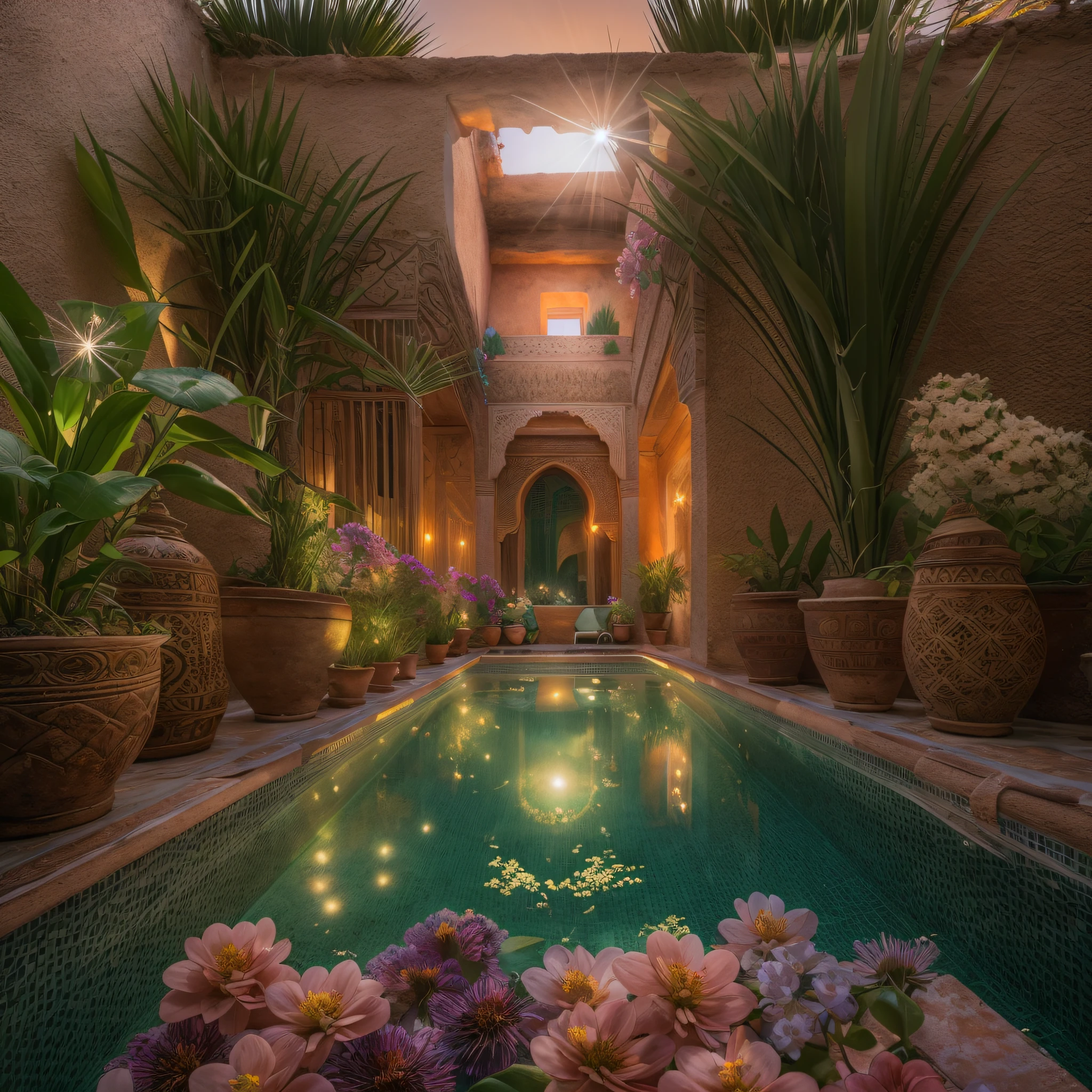 sunrays, masterpiece, best quality, ultra high res, RAW, ((Riad)), ((rooftop pool)), Marrakech, moroccan candle holders, opalescent lights, (Photoluminescence water), gems, ((blooming flowers)), clear, Cinematic RAW photo, hyper real photo, ultrarealistic, 8k uhd, dslr, soft lighting, high quality, film grain, Fujifilm XT3, photographed on a Kodak Retina II Sanyo Xacti VPC-CA6, 50mm lens, Wide Angle, HDR, hyper-realistic, colorgraded, volumetric lighting, [volumetric fog, moist], shallow depth of field, reflections, photo, (sparkling), glistening, (iridescent), glimmering, crystal clear, shimmering, mystical, enchanting, glittering, Morocco, exotic, (masterpiece) (best quality) (detailed) (8k) (HDR) (wallpaper) (cinematic lighting) (sharp focus) (intricate), Amazigh, romantic