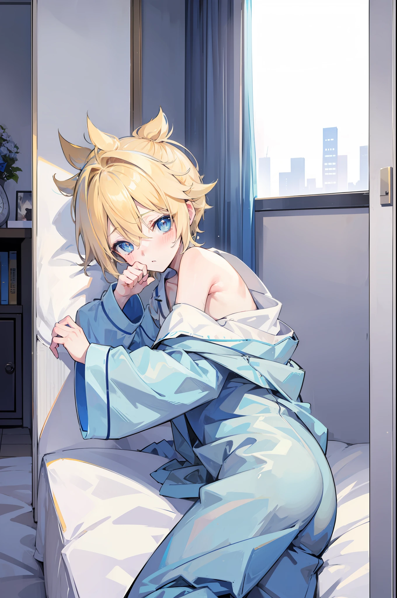 one boy, (Len_Kagamine), blue eyes, blond hair, pure, innocent, (blush), (pajama), (cowlick hair), cool, slender