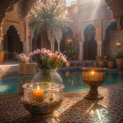 sunrays, masterpiece, best quality, ultra high res, RAW, ((Riad)), ((rooftop pool)), Marrakech, moroccan candle holders, opalesc...