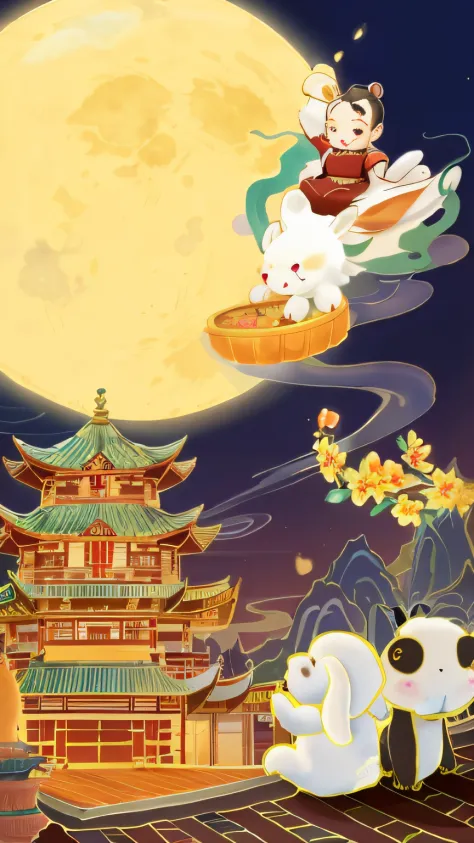 This is an illustration celebrating the Mid-Autumn Festival，A landlord image similar to a QQ board game, the Q version of the small landlord rides a fairy rabbit and steps on mooncakes，Slowly walked down with auspicious clouds, In the distance, there are t...