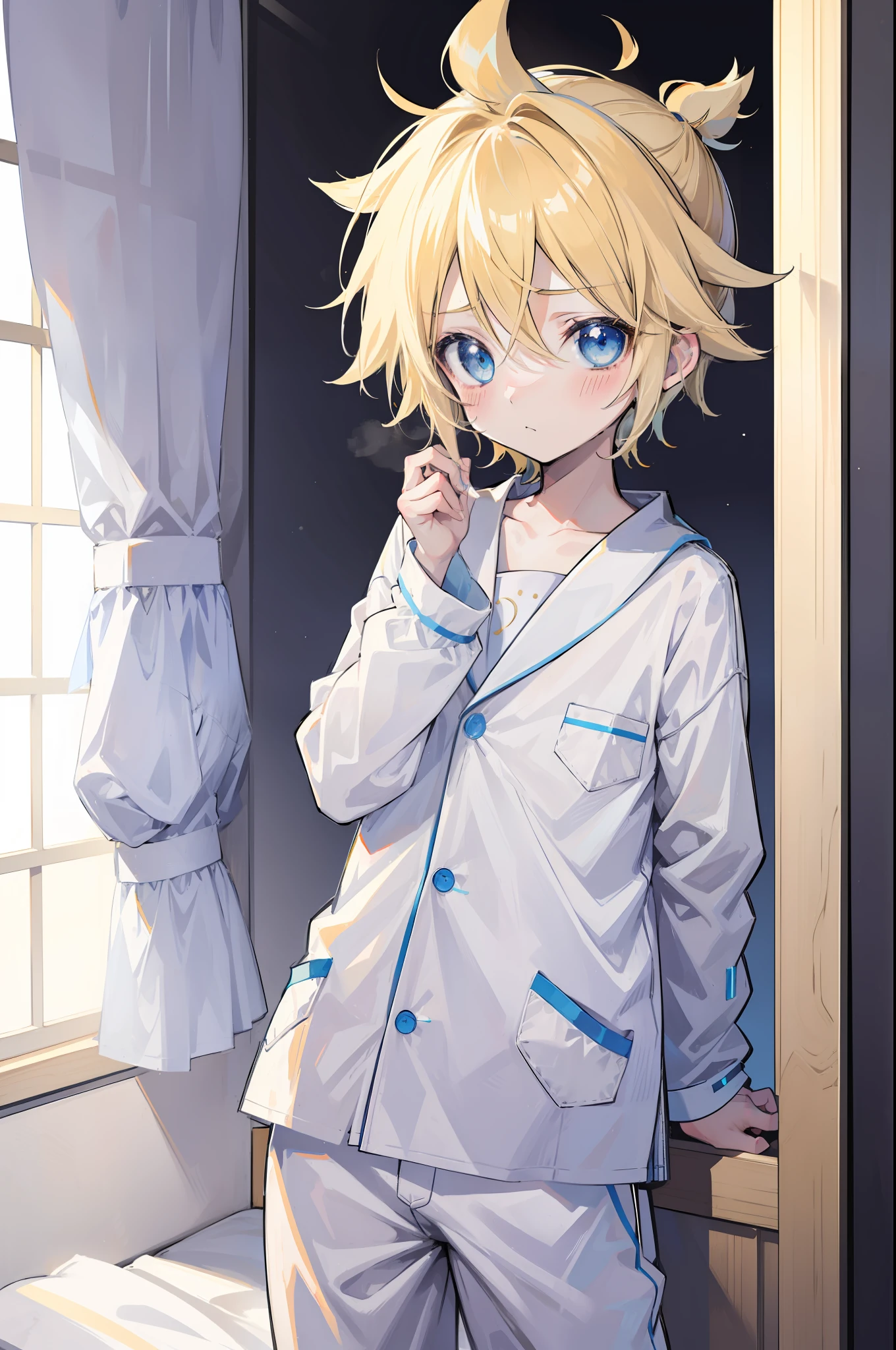 one boy, (Len_Kagamine), shota, blue eyes, blond hair, pure, innocent, (blush), (pajama), (cowlick hair), cool, slender