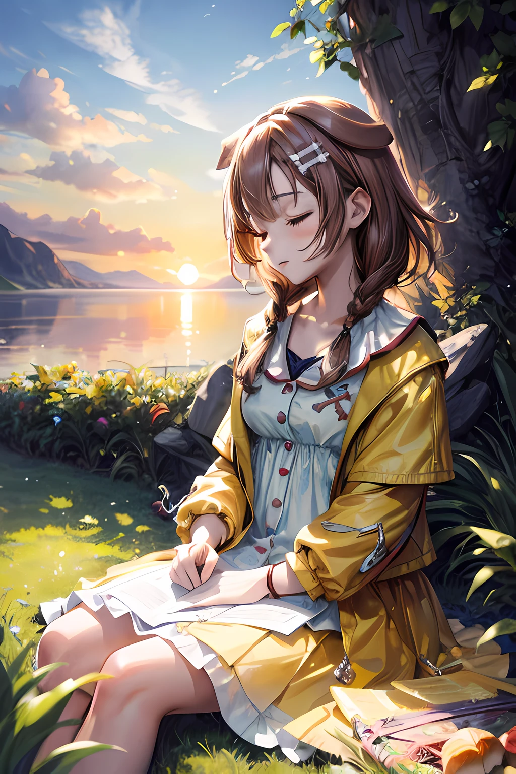 ((masterpiece)),(best quality,best illustration,top quality,8k,gorgeous,majestic),professional light,cinematic light,waterpaint,illustration,paint,1girl,cute girl sleeping on the grass,cute face,yellow jacket,white dress,brown hair,dog hair pin,high sharpness,high res,park,sunset