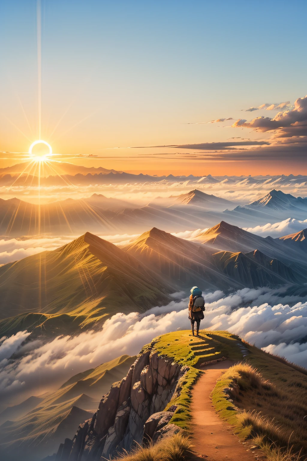 Una vista de la cima de la montaña al atardecer., donde hay brotes de otras montañas que también son visibles, hay una nube de niebla más baja que la cima de la montaña, Los rayos de sol desde el final del horizonte se ven muy hermosos dorados., la gradación de color entre el cielo azul y el sol dorado es muy hermosa de ver, BREAK, (hay una chica con una mochila mirando hacia el sol,  Parece más pequeño parado en la cima de su propia montaña., su cabello ondeando al viento)