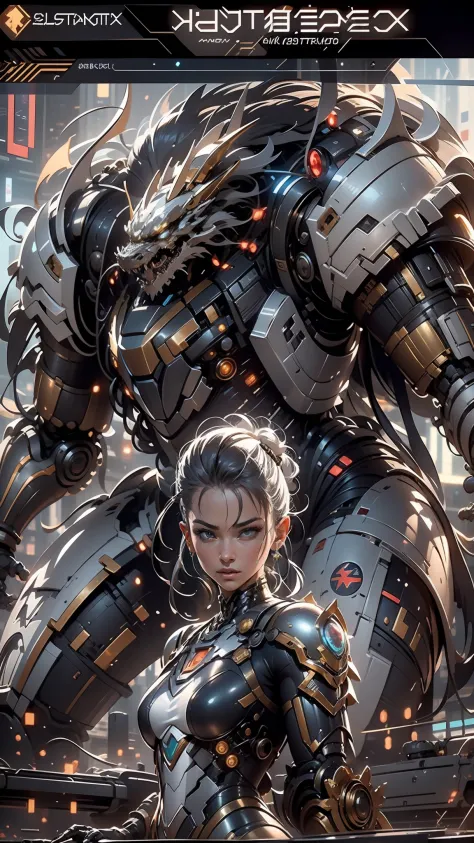 （（best qualtiy））， （（tmasterpiece））， （The is very detailed：1.3）， 3D，In Cyberpunk World，A girl in mechanical armor，holding futuristic weapons，The battle is ahead，Behind her was a medium-sized armored mech，At the end of the end, There are super giant mecha Or...