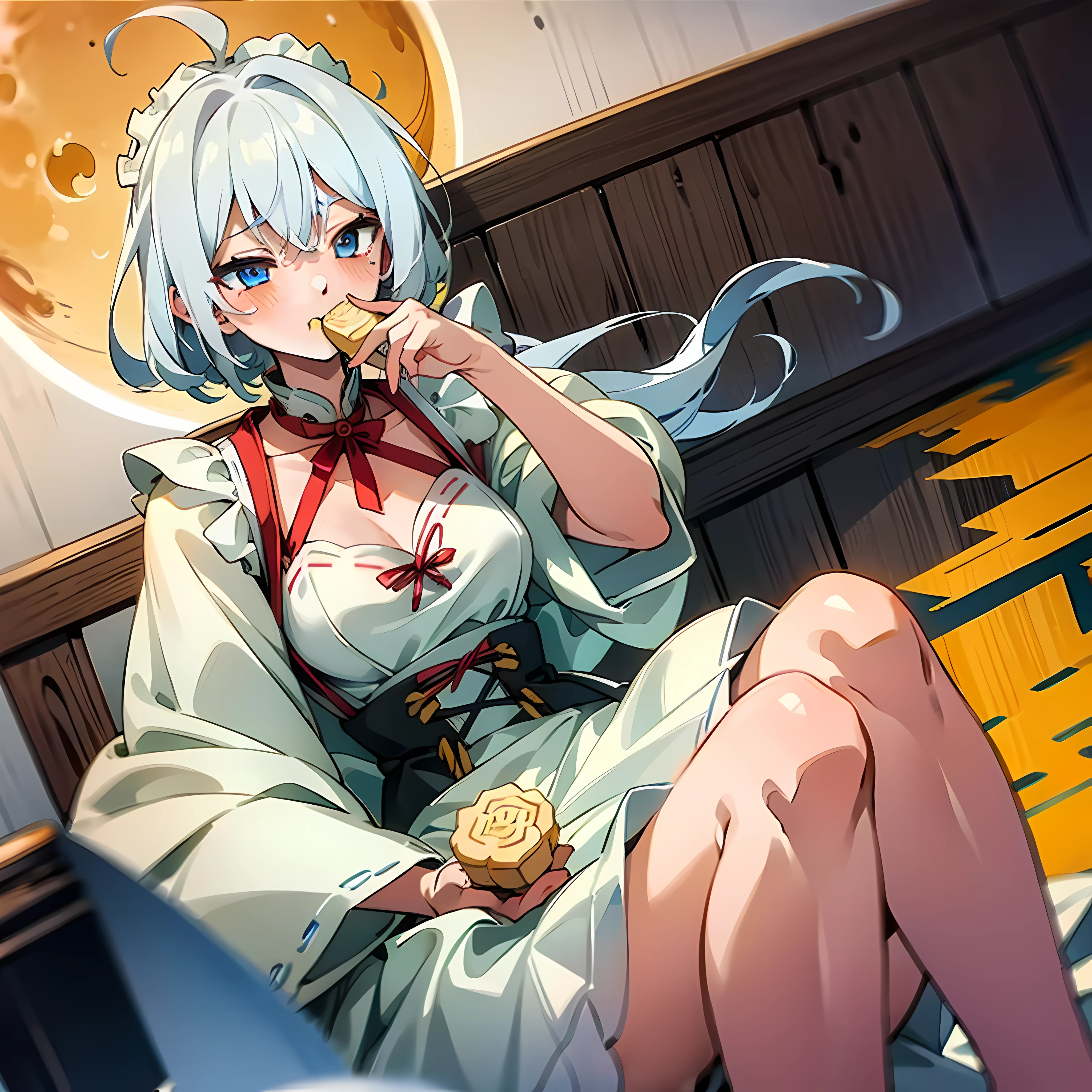 Moon Mid-Autumn Festival A girl wearing a maid outfit with white hair eating mooncakes blushing cute white silk HD 8K