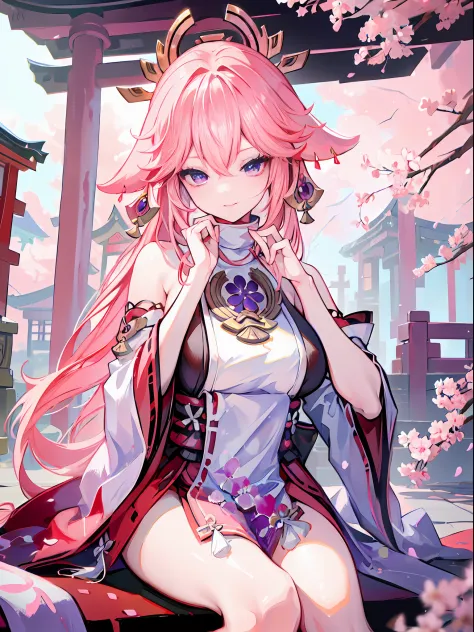 1girl, (ulzzang-6500:0.7), kpop idol, yae miko, detached sleeves, bare shoulders, pink hair, long hair, japanese clothes, best quality, (painting:1.5), (hair ornament:1.35), jewelry, purple eyes, earrings, breasts, torii, cherry blossoms, lantern light, depth of field, detailed face, face focus, ribbon_trim, (looking at viewer:1.25), nontraditional miko, shiny skin, long sleeves, smile, thick lips, game cg, hands on lips, east asian architecture, (blurry background:1.2), sitting, upper body,