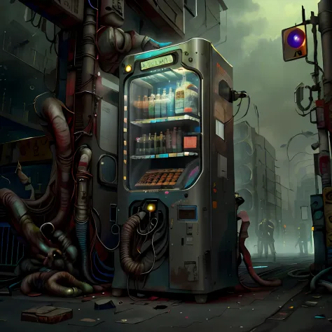 Biopunk，vending machine，uncanny，Spooky style，Ghostly hands，Dilapidated streets，dark cloude，Sullen，Vending machines have a wide r...