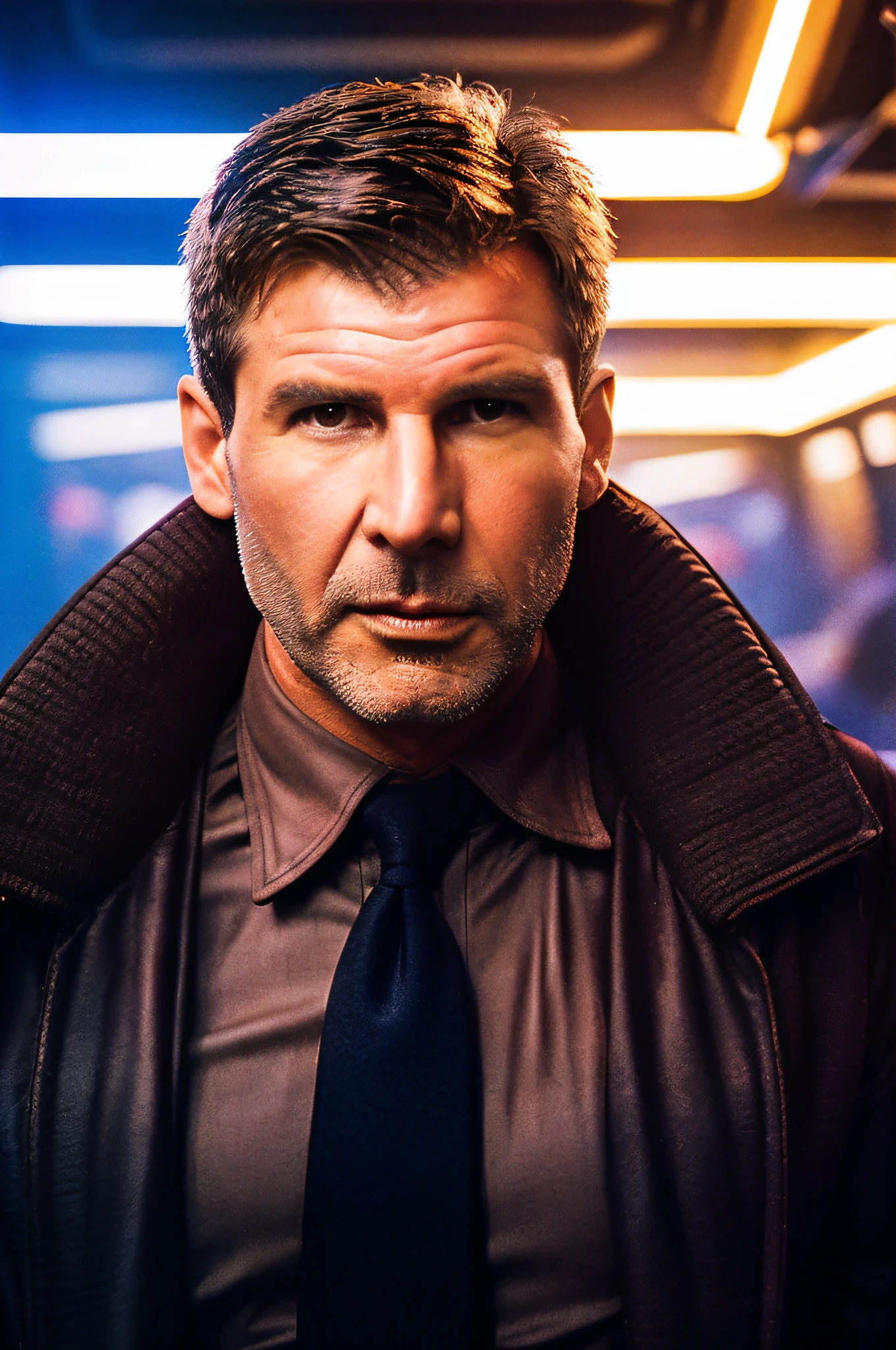 Highly detailed full body photo of a man as Rick Deckard from Blade Runner with short hair style, wearing a long coat and neon tie, Detailed Face, (perfect detailed eyes), (highly detailed skin:1.1),  perfect Slim body, modelshoot style, Professional Photography, Cinematography lighting, PHOTOREALISTIC, Realistic, standing in a dystopian future bar with many people in background, Neon lights, RAW, analog, sharp focus, 8k, high resolution, DSLR, high quality, Fujifilm XT3, film grain, award winning, masterpiece