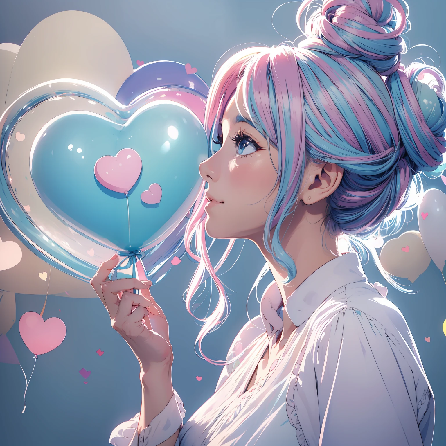 In this simple illustration, a woman holds a colorful heart-shaped balloon. Her hair is stuck in a messy bun as she looks up in awe. The background is filled with a pastel shade of light blue, evoking a sense of lightness and happiness.