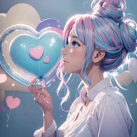 In this simple illustration, a woman holds a colorful heart-shaped balloon. Her hair is stuck in a messy bun as she looks up in ...