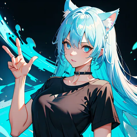 light blue  hair，big cat ears，jack o pose，bottomless，wear a black shirt，lightblue hair，cat ears，jack o pose，bottomless，student c...