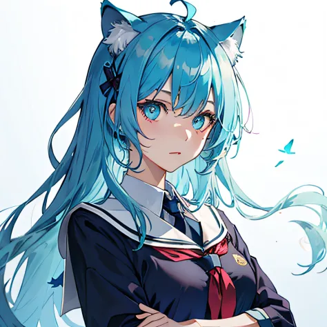 lightblue hair，big cat ears，deep eyes，school costumes。