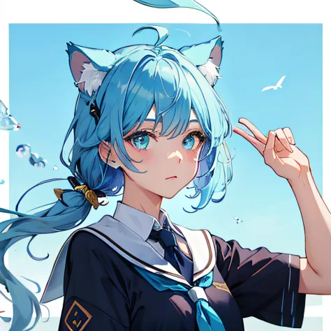 lightblue hair，big cat ears，deep eyes，school costumes。