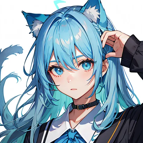 lightblue hair，big cat ears，deep eyes，school costumes。