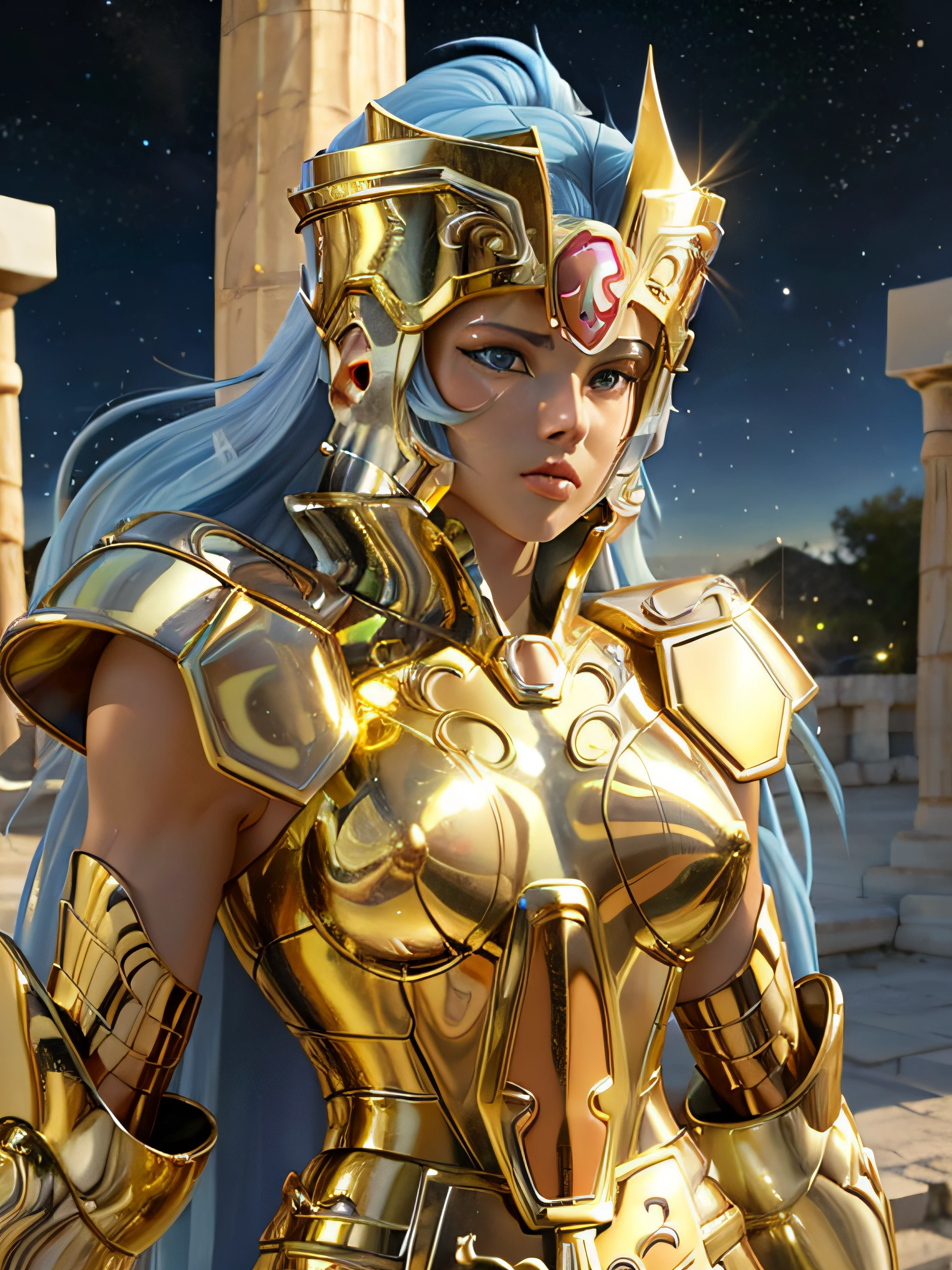 masterpiece, best quality, ultra high res, realistic skin texture, armature, (photorealistic:1.4), high resolution, raw photo, 1 girl, shiny skin, (detail skin:1.2), realistic skin texture, best lighting, sparkle, mecha armor, dramatic lighting, dynamic pose, (greek temple background:1.3), night sky, cosmos, milky way, geminiarmor, golden armor, (cleavage), (white skin), (long blue hair:1.2), (big breast:1.3), (helmet:1.2),