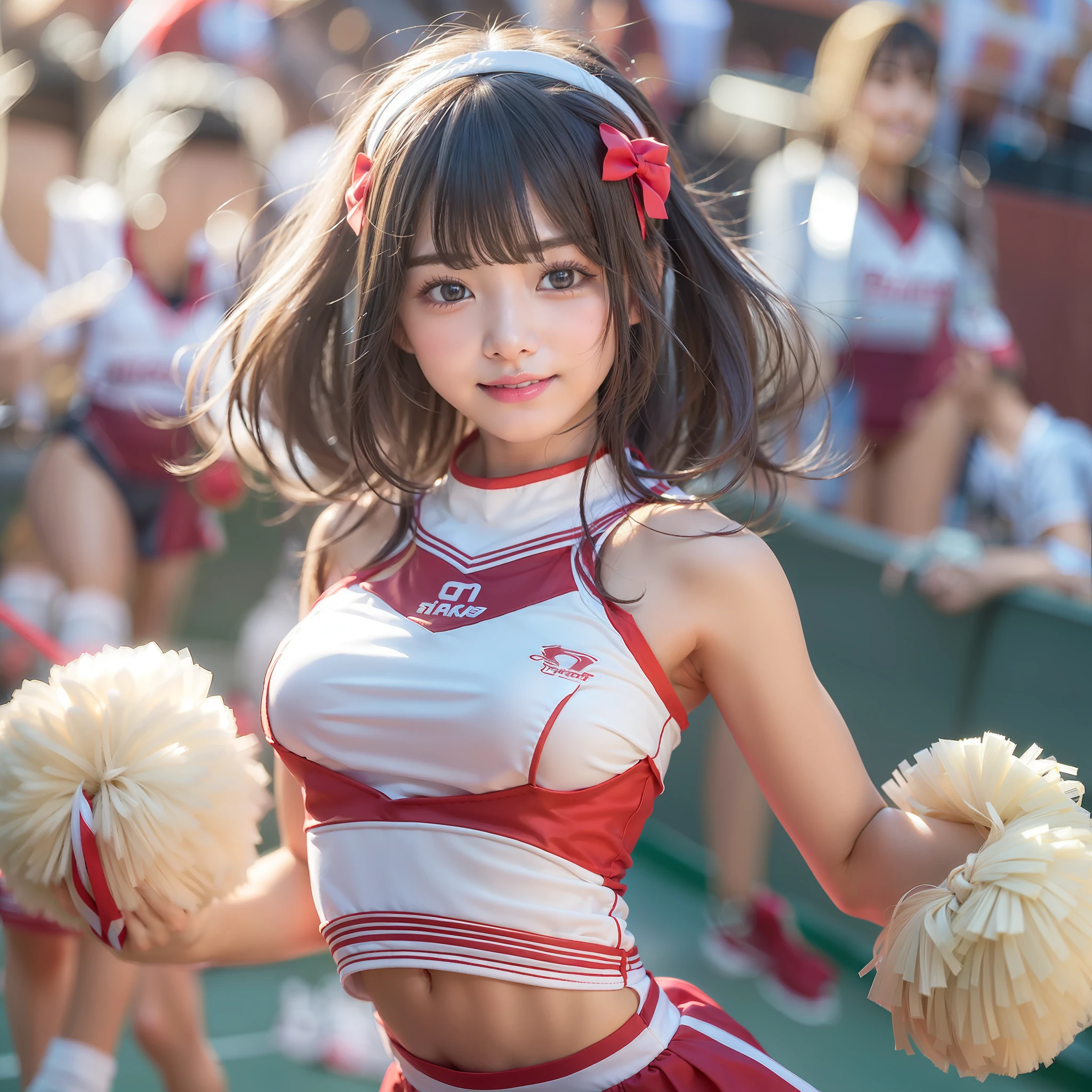 ((Alafed Asian big chest cheerleader poses dynamically holding pom-poms in stadium:1 person:Raise one leg()、there is nobody else))、a closeup、cosplay foto、Anime Cosplay、Raw photography, top-quality, hight resolution, (​masterpiece), (Photorealsitic:1.4), professional photograpy, sharp focus, nffsw, 8K resolution, intricate detailes,  depth of fields, the Extremely Detailed CG Unity 8K Wallpapers, front lit, FEMALES, girl with, beautiful supermodel, A smile、A slender、Small Cheer Uniform、