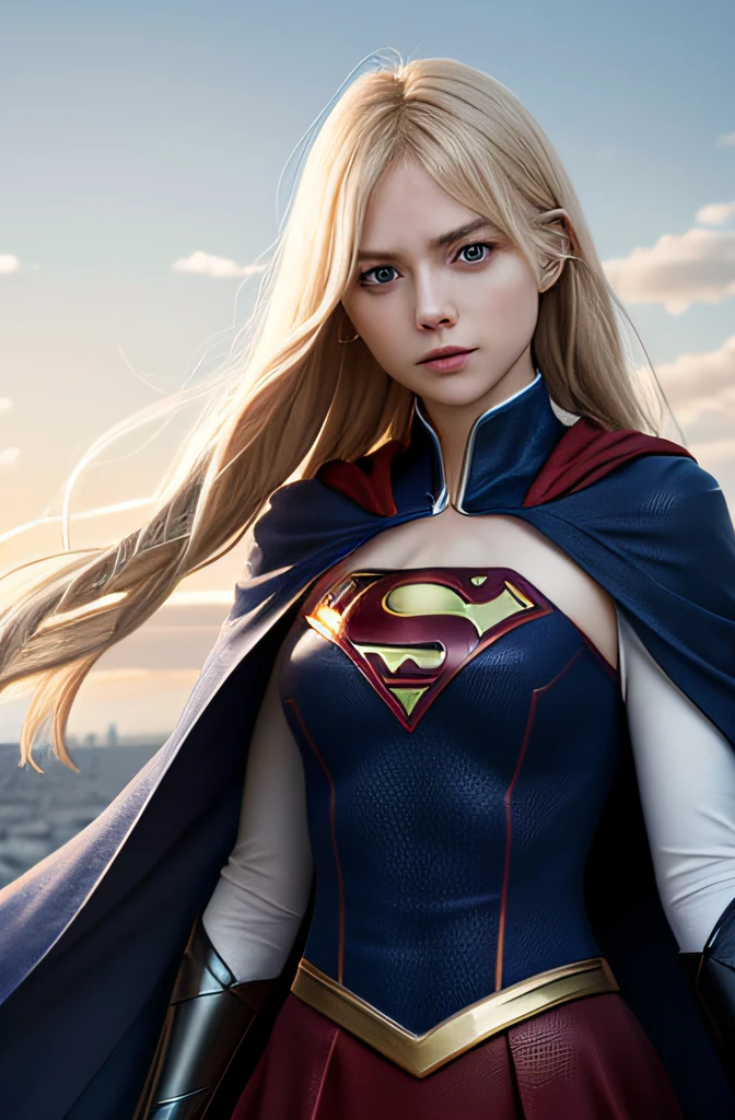 8k，Best quality at best，Real picture，Complicated details，A capital X on the chest，ultra - detailed，超高分辨率，Depth field，（真实感，fidelity：1.2），tmasterpiece，European girl，Photo of Supergirl，（Bruises，grimy，torn laundry，Clothing that exposes，bloods:1.3), eBlue eyes, blond hairbl, long whitr hair, Tear the cloak, Tear pantyhose, super heroes, 独奏, suns, blue-sky, best qualtiy, realisticlying, realisticlying, (complexdetails:1.2), (exquisitedetails), (cinematric light), 清晰的线条, Clear focus, photorealiscic face, A detailed face, 统一 8k 壁纸, 超高分辨率, (真实感:1.4), looking at viewert