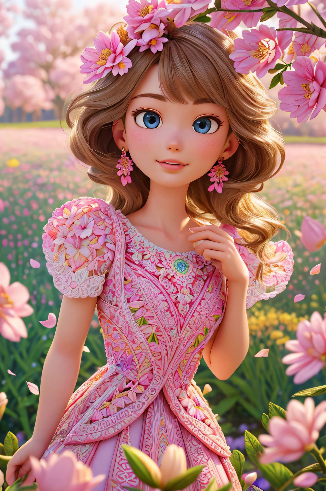 A Barbie princess wearing a lovely pink lightweight dress, hires, extremely detailed, detailed background, diffused natural lighting, (flower field, flower petals, surrounded by flowers:1.4), (zentangle, fractal art:1.3), (many colors, colorful:1.1), face focus), seductive, wind blowing, earrings, wearing detailed exotic clothes, ((Full body shot)), delicate face, white skin, delicate facial features, perfect facial features, delicate hair portrayal, delicate eyes portrayal, 8k picture quality, atmosphere sense, the highest quality, masterwork, extreme detail, high resolution, blurry foreground, foreshortening, Luminism, cinematic lighting, wide shot, Masterpiece, retina, textured skin, anatomically correct, best quality, award winning