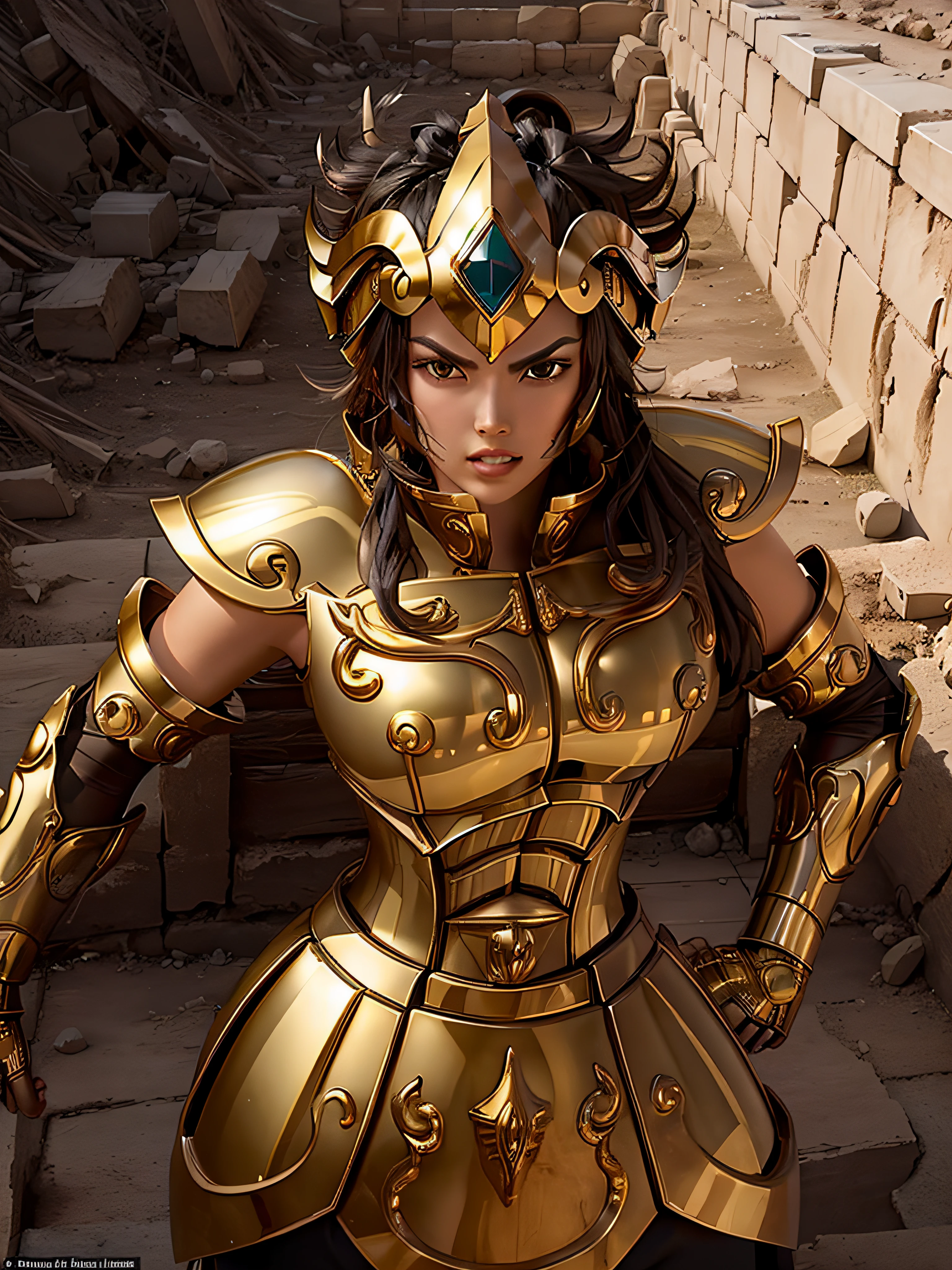 masterpiece,best quality, 1girl wearing Armor,(tongly),leoarmor,golden armor,helmet,looking at viewer,in a desert,black hair,hair hair pulled back,no bangs,forehead,serious,parted lips,greek temple ruins in the desert,(wide shot),upper upper teeth,