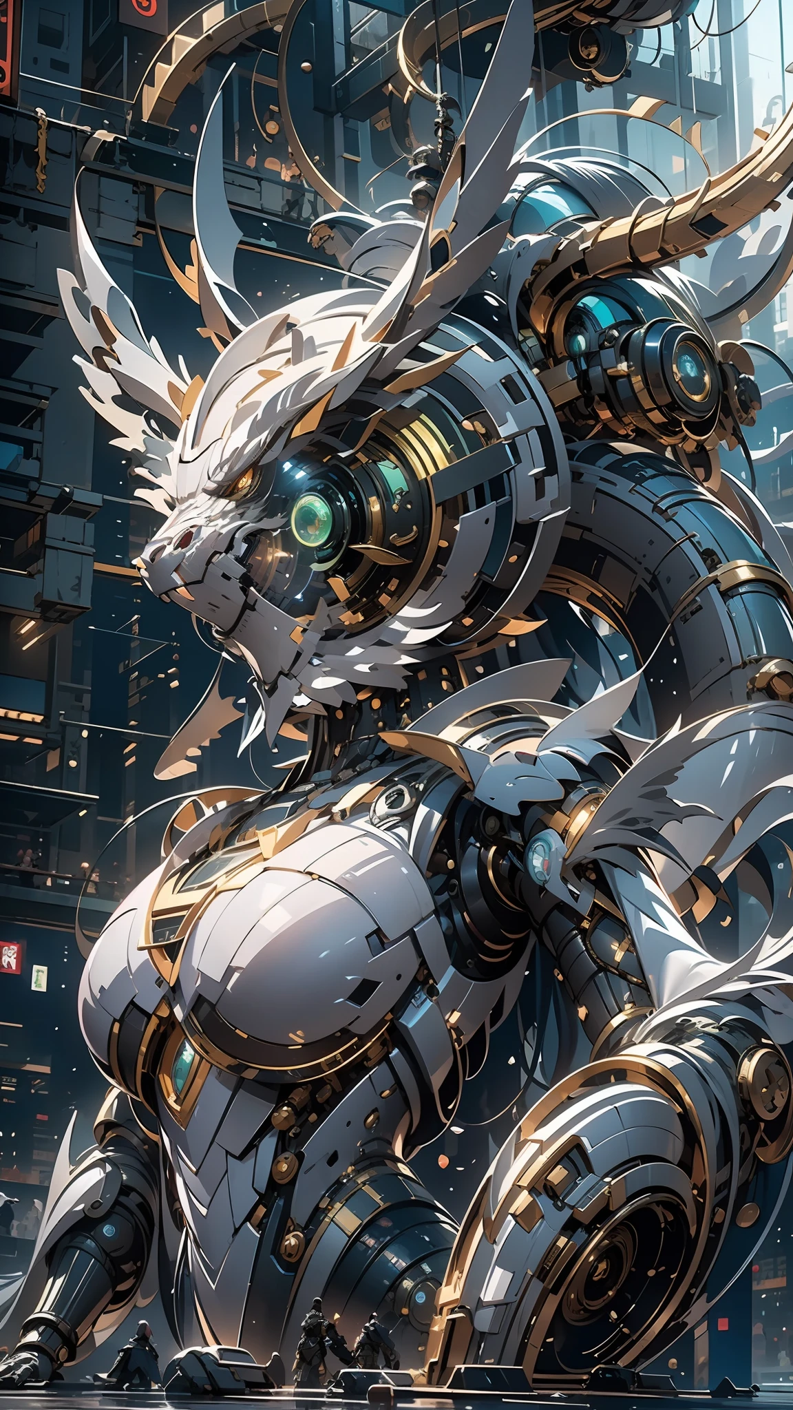 （（best qualtiy））， （（tmasterpiece））， （The is very detailed：1.3）， 3D，In Cyberpunk World，A girl in mechanical armor，holding futuristic weapons，The battle is ahead，Behind her was a medium-sized armored mech，At the end of the end, There are super giant mecha Oriental Dragon，hdr（HighDynamicRange），Ray traching，NVIDIA RTX，Hyper-Resolution，Unreal 5，sub surface scattering，PBR textures，Post-processing，Anisotropic filtering，depth of fields，Maximum clarity and sharpness，Many-Layer Textures，Albedo e mapas Speculares，Surface coloring，Accurately simulate light-material interactions，perfectly proportions，rendering by octane，twotonelighting，Low ISO，White balance，trichotomy，Wide aperture，8K raw data，High-Efficiency Sub-Pixel，sub-pixel convolution，Luminous Particle，