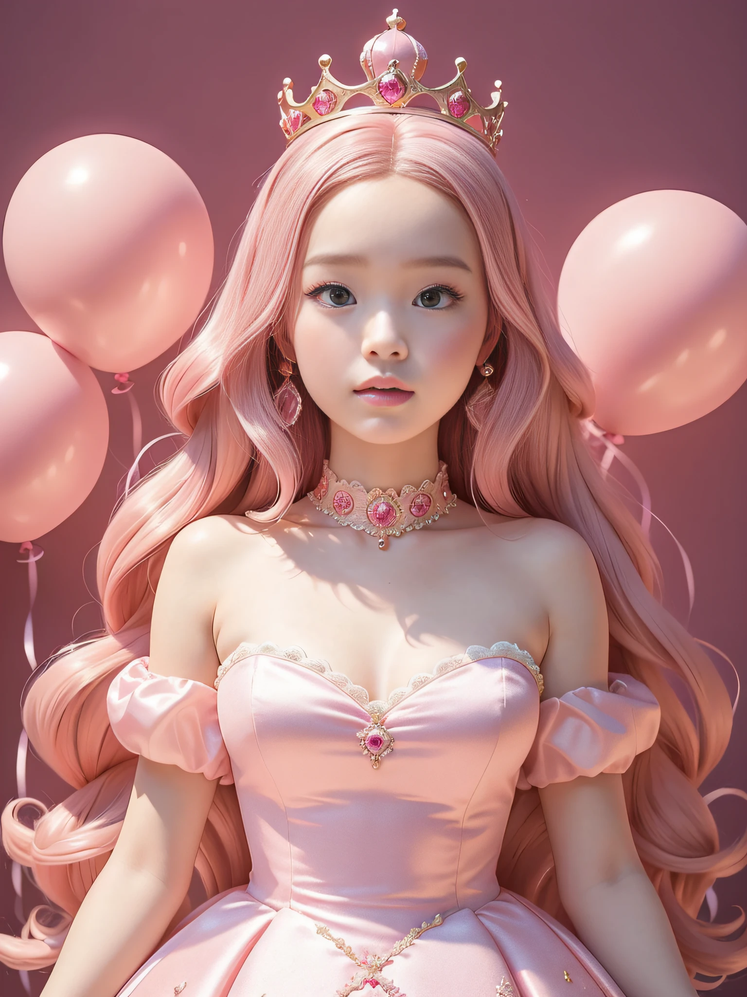 Eine Barbie-Prinzessin in einem hübschen, rosa, leichten Kleid, Eine schöne Krone tragen, eine Innenfotografie eines Labyrinths aus Monumenten, aufgeblasene rosa Luftballons, eine Kunstinstallation von Martin Creed, ((Ganzkörperaufnahme)), Rosa Hintergrund, zartes Gesicht, weiße Haut, zarte Gesichtszüge, Perfekte Gesichtszüge, zarte Haardarstellung, zarte Augen Darstellung, 8K-Bildqualität, Atmosphäre Sinn, die höchste Qualität, Meisterwerk, extreme Detailliertheit, hohe Auflösung, verschwommener Vordergrund, Verkürzung, gute Qualität, Meisterwerk, beste Qualität