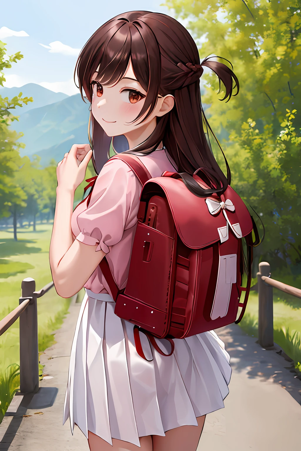 masterpiece, best quality, highres, chi1, 1girl, long hair, braid, one side up, solo, white skirt, red ribbon, pink shirt, pleated skirt, bangs, neck ribbon, puffy short sleeves, travel backpack on back,  cowboy shot, outdoors, smile,