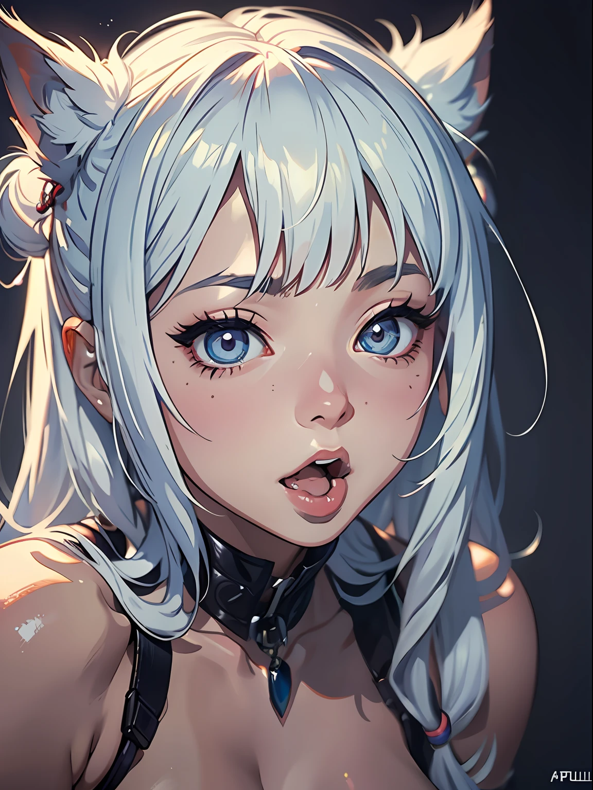 Chica anime con ojos azules y cabello blanco con orejas de gato. - SeaArt AI