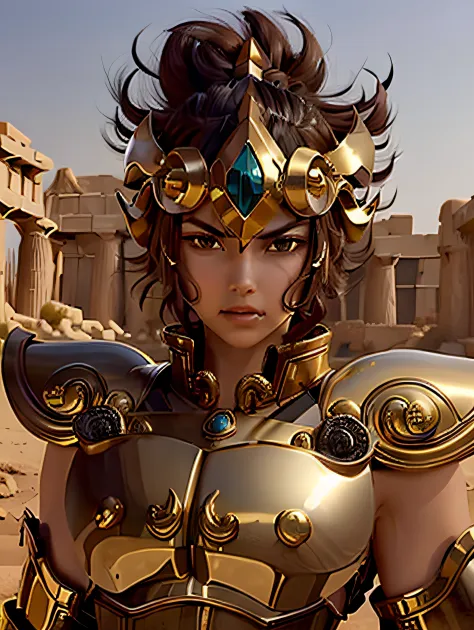 masterpiece,best quality, 1girl wearing Armor,(tongly),leoarmor,golden armor,helmet,looking at viewer,in a desert,black hair,hair hair pulled back,no bangs,forehead,serious,parted lips,greek temple ruins in the desert,(wide shot),upper upper teeth,