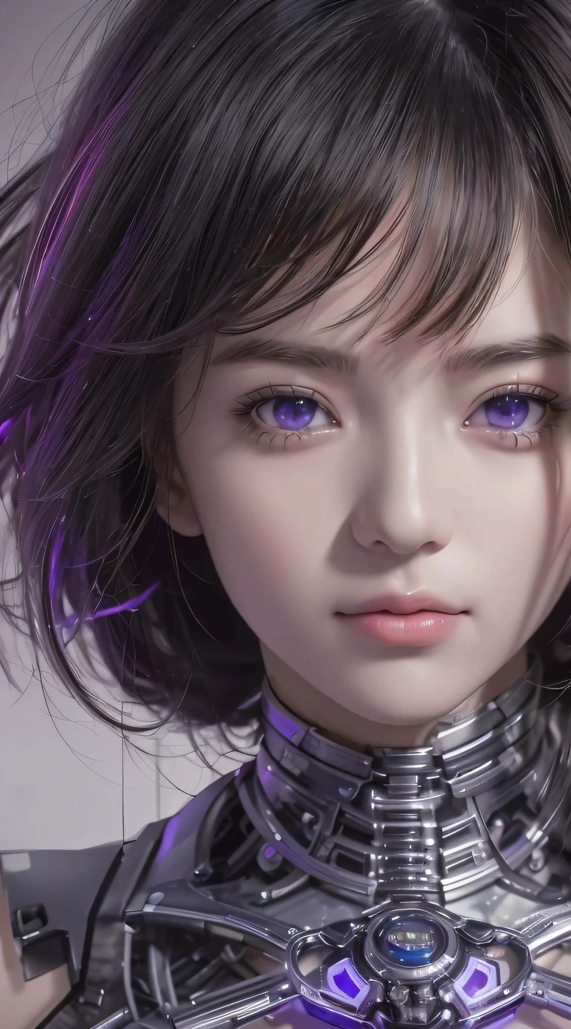 Close-up of a woman with a futuristic expression on her face, Cute cyborg asian girl, Stunning anime face portrait, perfect android girl, beautiful girl cyborg, Guviz-style artwork, Realistic digital art 16K, Realistic digital art 16K, detailed portrait of an anime girl, beautiful cyberpunk girl face, Smooth anime CG art, realistic anime 3D style