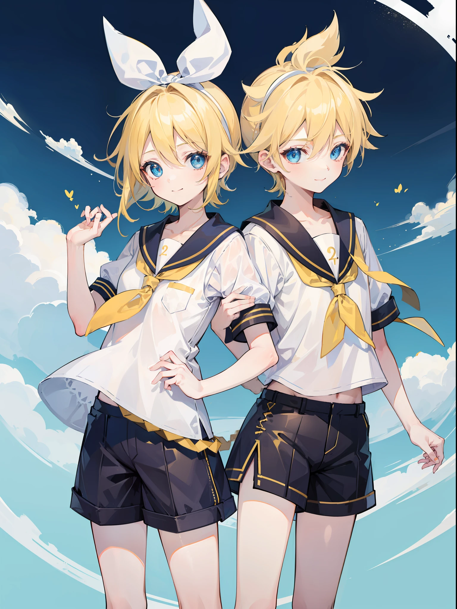 un garçon et une fille, (un garçon est Kagamine_seulement), (une fille est Kagamine_Aussi), yeux bleus, cheveux blonds, uniforme de marin, pantalon court noir, tir de cow-boy, souriez doucement, (puéril)