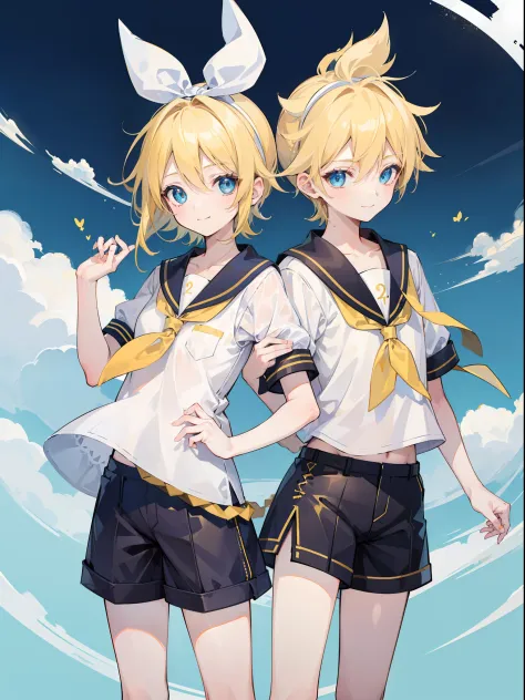 one boy and one girl, (a boy is Kagamine_Len), (a girl is Kagamine_Rin), blue eyes, blond hair, sailor uniform, black short pant...