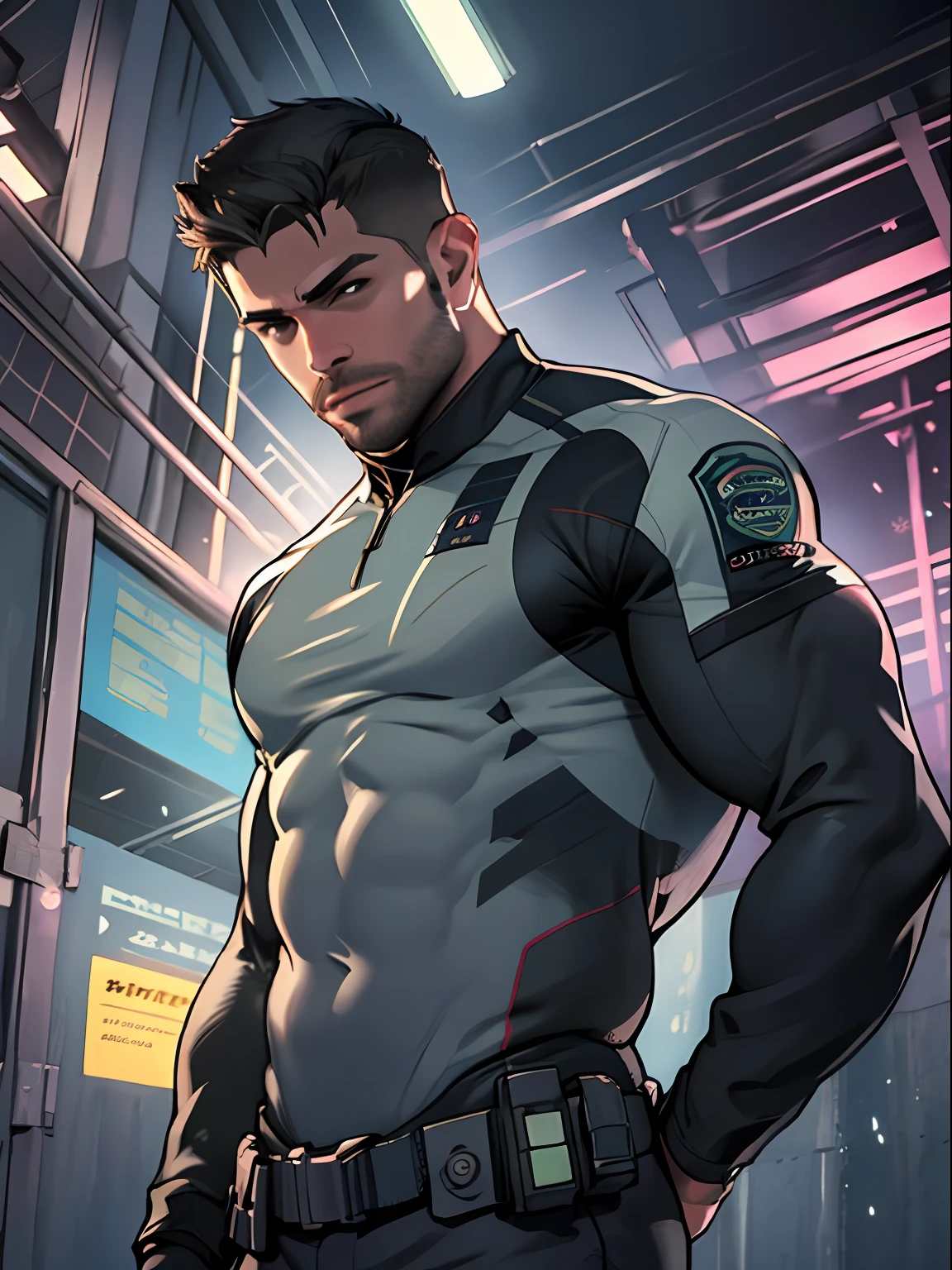 1 men, 独奏, 35 year old, Chris Redfield, wearing grey T shirt, smiles, black color on the shoulder and a BSAA logo on the shoulder, millitary tactical suit, alto e hunk, biceped, sit-ups, 가슴, best qualityer, Masterpiece artwork, high resolution: 1.2, upper body shot, black dark shadowy corridor in the background, face detailed, ombre, volumeric lighting, center focus,  low camera angle, stylish white hair, tatuados,