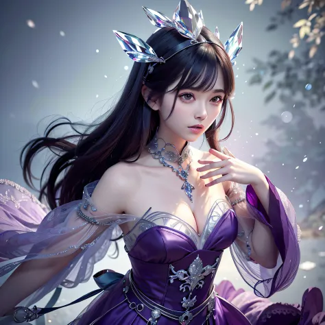 （tmasterpiece，top-quality，optimum，offcial art，Beautiful and aesthetic，Long exposure：1.2），Smooth movement，Charming Patterns， 1 rapariga，（Long skirt with sleeves：1.3），(((Purple clothes)))，upperbody closeup，No shoulders，ChineseGirl，Blushlush，Black lob hair， s...