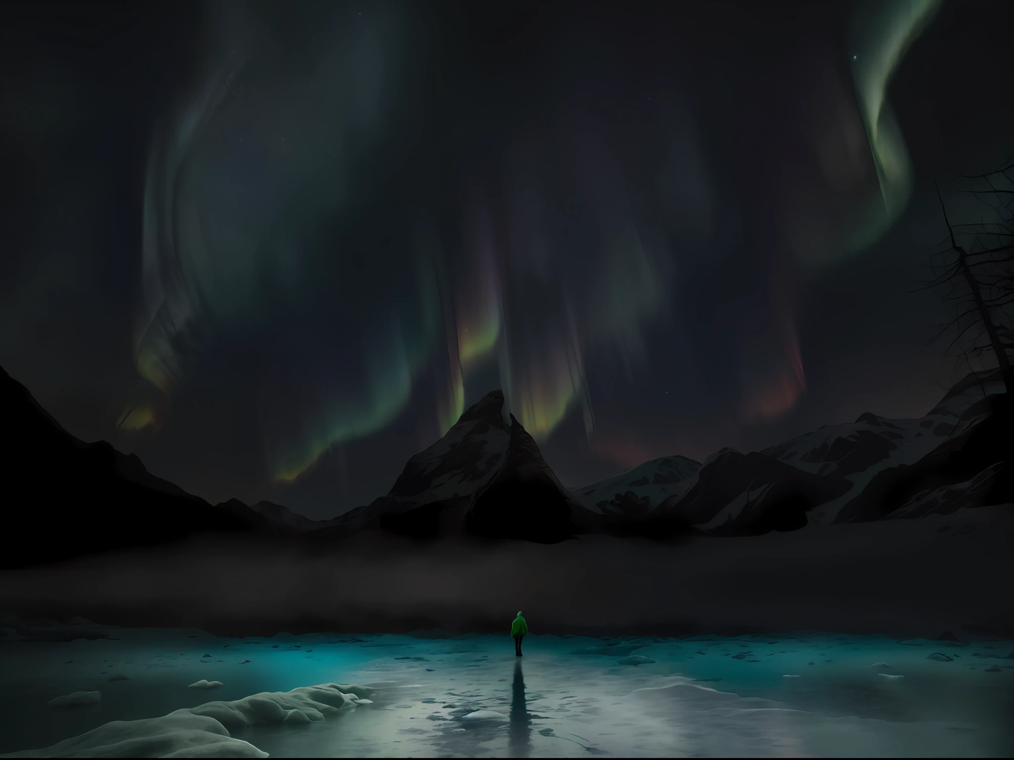 Image of a man standing in the middle of a frozen lake in Arafod, author：Christopher Balaskas, Inspired by Christopher Balaskas, dramatic aurora borealis, aurora borealis, northern lights background, luminist polar landscape, Northern Lights on the background, North light background, max rive, marc adamus, Northern Lights, inspired by jessica rossier