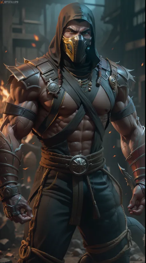 mortal kombat god man character , super strong, muscular,a chaotic world in the background, 35mm lens, photography, ultra details, precise texture details HDR, UHD,64K,