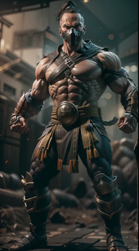mortal kombat god man character , super strong, muscular,a chaotic world in the background, 35mm lens, photography, ultra details, precise texture details HDR, UHD,64K,
