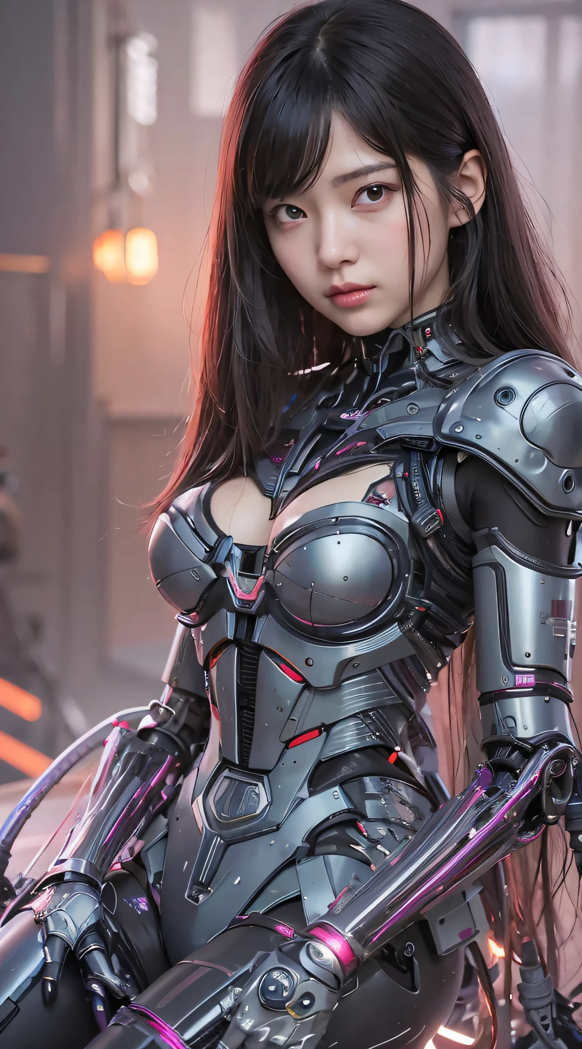 a close up of a woman in a futuristic suit with a gun, girl in mecha cyber armor, beautiful girl cyborg, Cyborg girl, Cute cyborg girl, Cyborg - Asian girl, cyberpunk anime girl mech, perfect anime cyborg woman, female cyberpunk anime girl, perfect android girl, an oppai cyberpunk, female cyborg, cyberpunk anime girl, cyberpunk beautiful girl, young lady cyborg