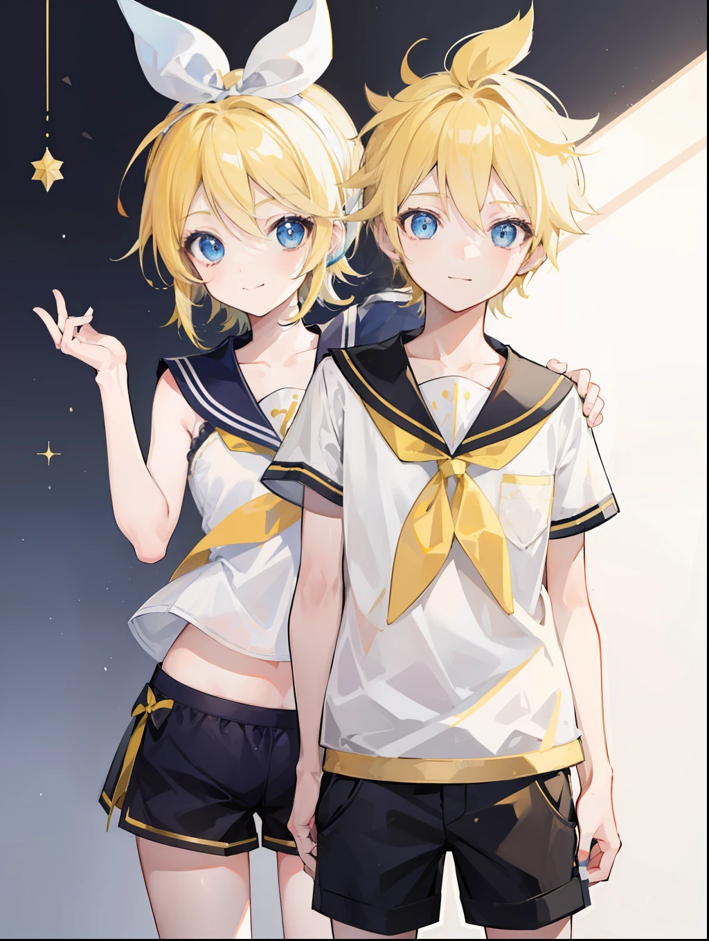 un garçon et une fille, (un garçon est Kagamine_seulement), (une fille est Kagamine_Aussi), yeux bleus, cheveux blonds, uniforme de marin, pantalon court noir, tir de cow-boy, souriez doucement, (puéril)